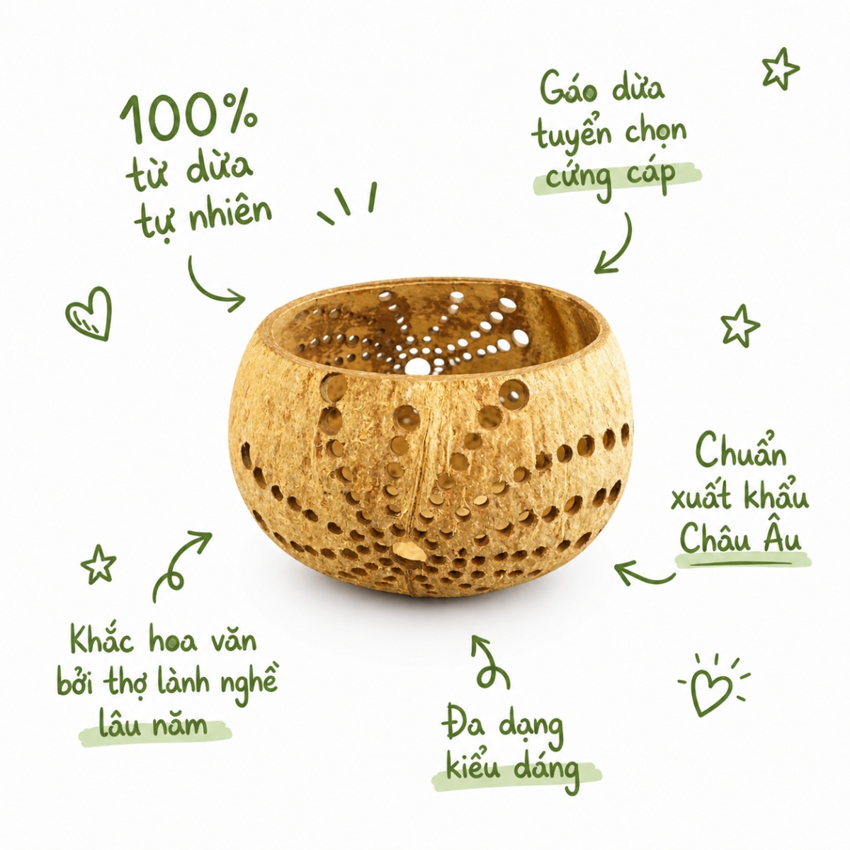 Đèn Tealight Gáo Dừa ANKAN Họa Tiết Mặt Trời Handmade – Decor Trang Trí Không Gian Chill