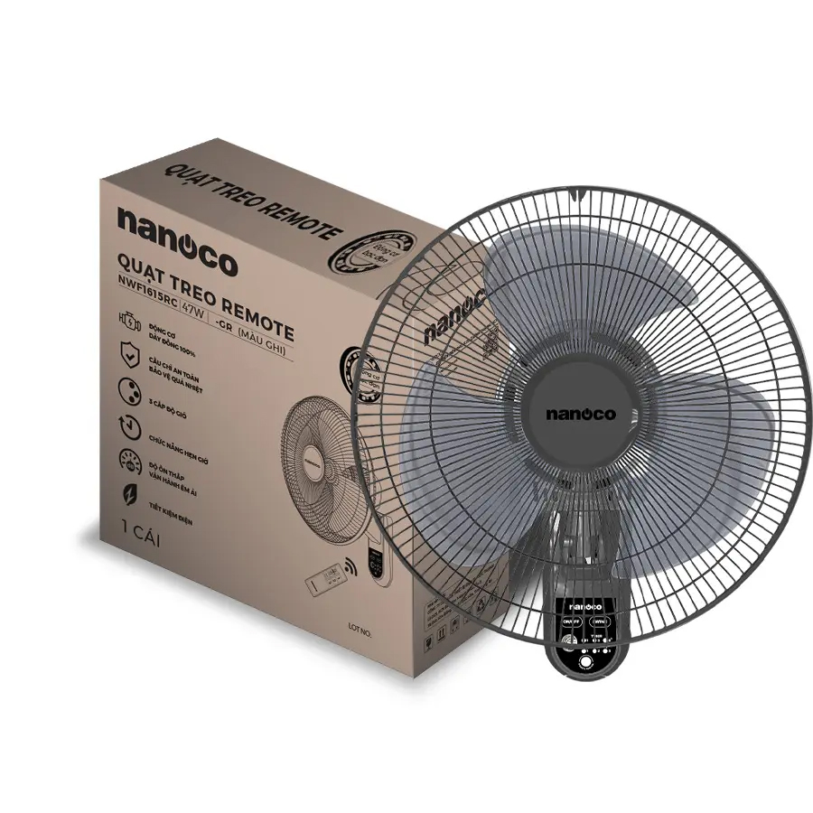 Quạt treo tường Nanoco model NWF1615RC-GR màu ghi (3 chế độ gió, công suất 47W) - Hàng chính hãng
