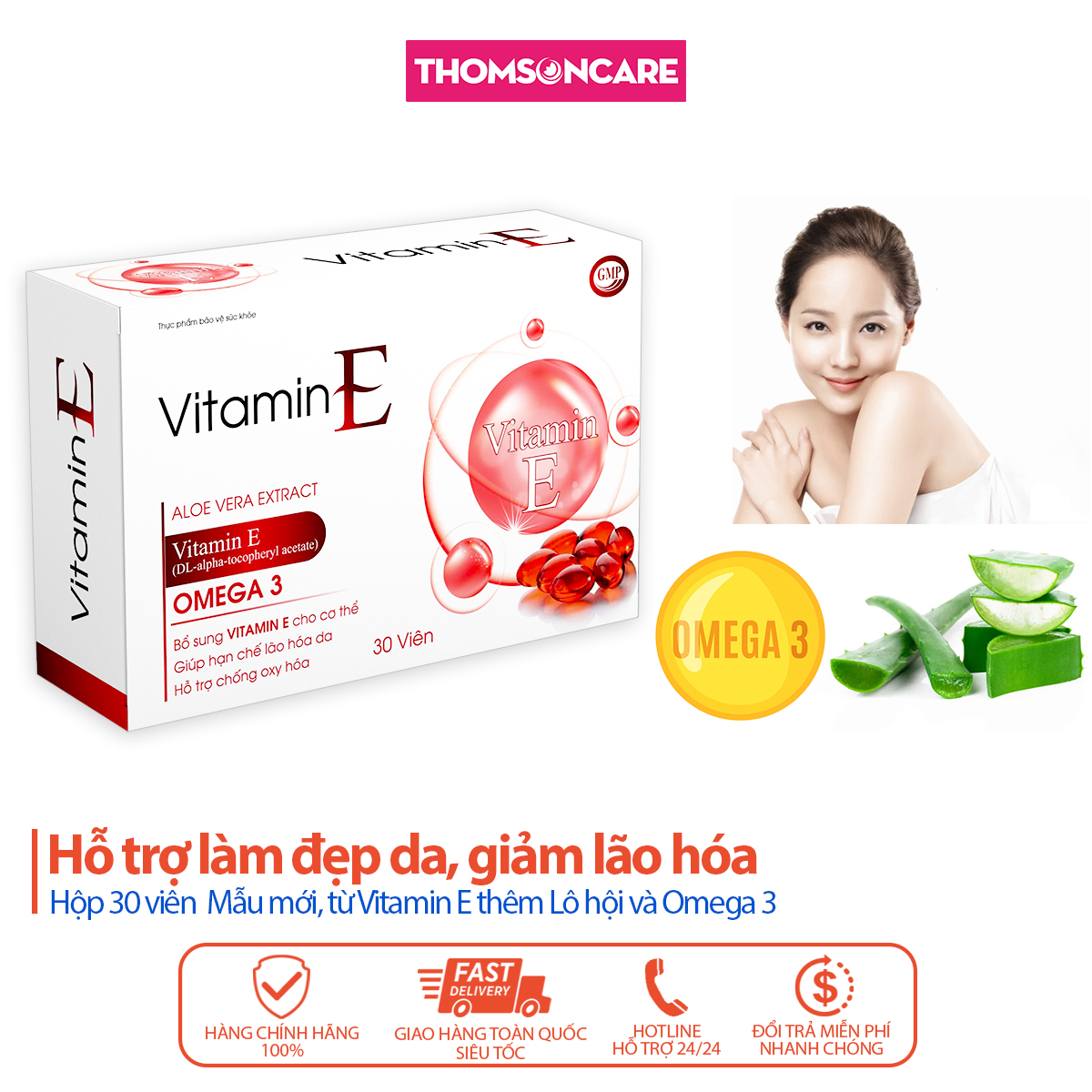 Viên uống Vitamin E đỏ thêm Omega 3, Hộp 30 viên - Bổ sung Vitamin E , chống oxy hóa giúp đẹp da, da sáng đẹp - Thomsoncare