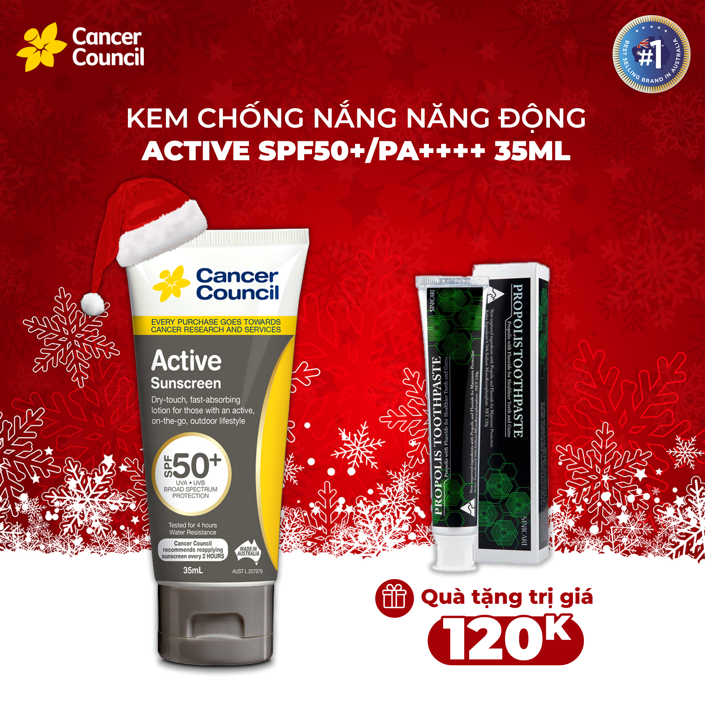 Kem chống nắng năng động Cancer Council Active SPF 50+/PA ++++ 35ml