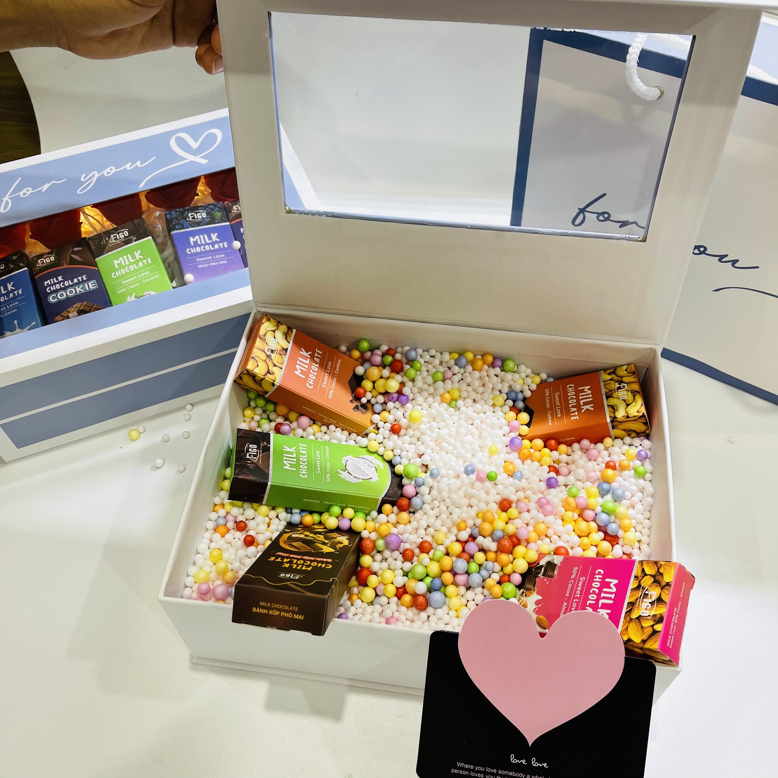 Combo hộp quà cửa sổ For You sang trọng tặng người yêu, ngày lễ Valentine, kèm túi giấy, phụ kiện xinh xắn