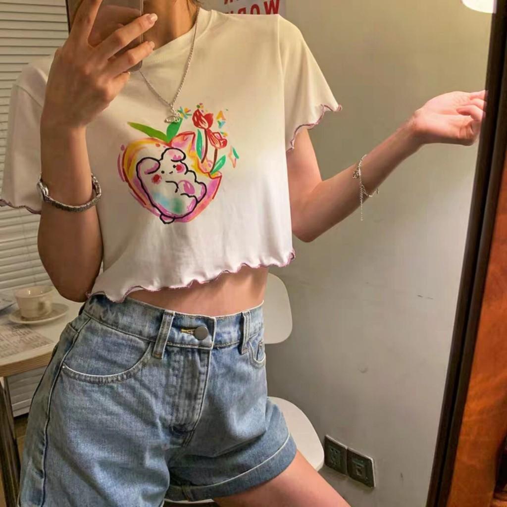 Áo croptop nữ, ngắn tay, mặc đi chơi, thời trang đẹp, viền biên hoa và thỏ cực xinh ( kèm ảnh thật