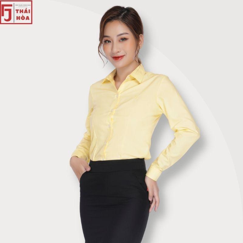 Áo sơ mi nữ Thái Hoà công sở đẹp kiểu dài tay bigsize cotton màu vàng 047-02-01