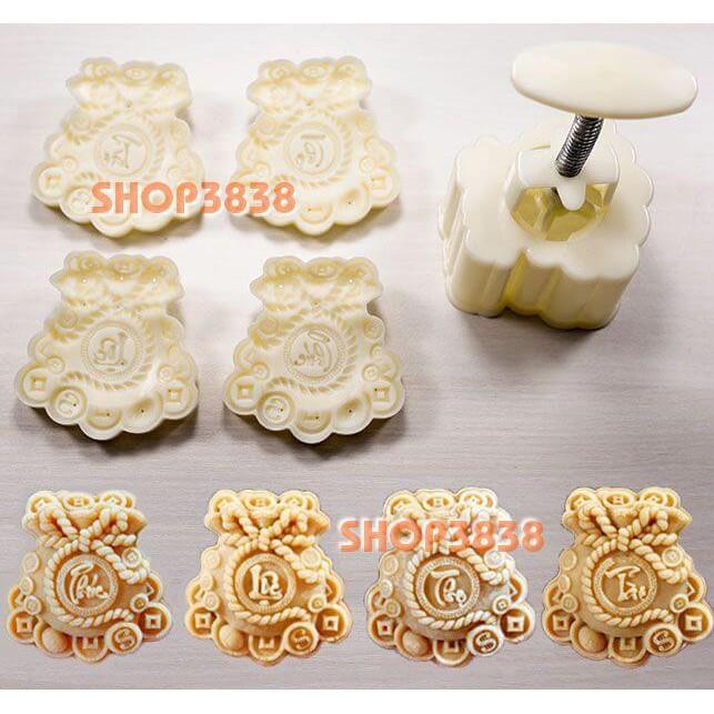 Bộ Khuôn Nén Lò Xo Trung Thu 150-180Gr Túi Vàng 4 Mặt Phúc Lộc Thọ Tài