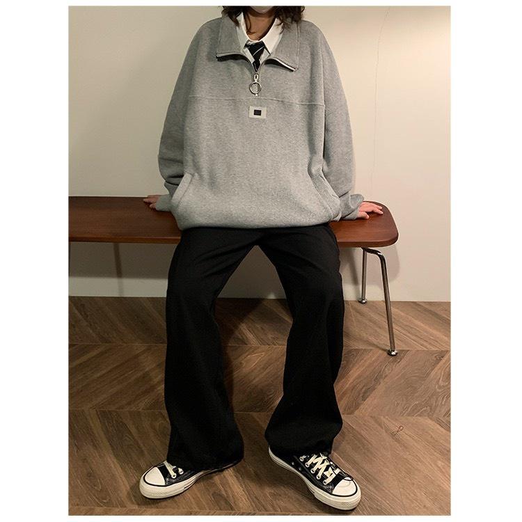 Áo Sweater Zip Nỉ Nam Nữ Unisex Cổ Cao Dáng Thụng Logo Trước