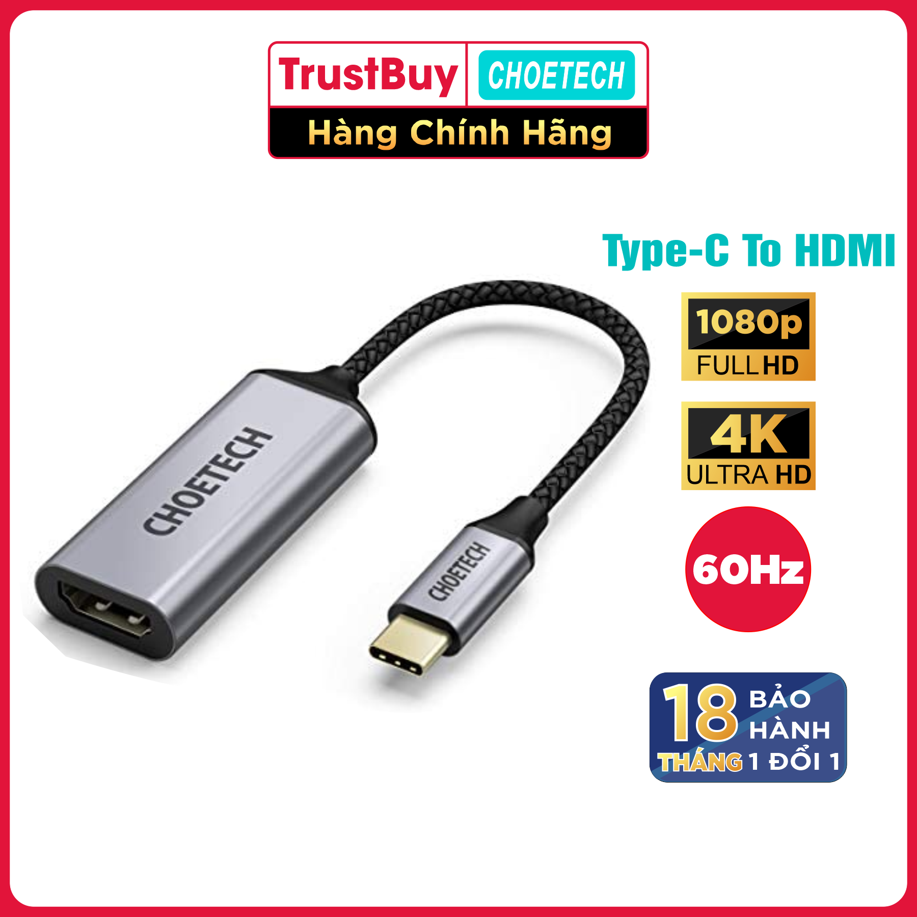 Hub Chuyển Đổi USB Type C to HDMI CHOETECH HUB-H10 Độ Phân Giải 4K 60Hz, 1080P Cho Tivi/Laptop/Playstation/PC - Hàng Chính Hãng