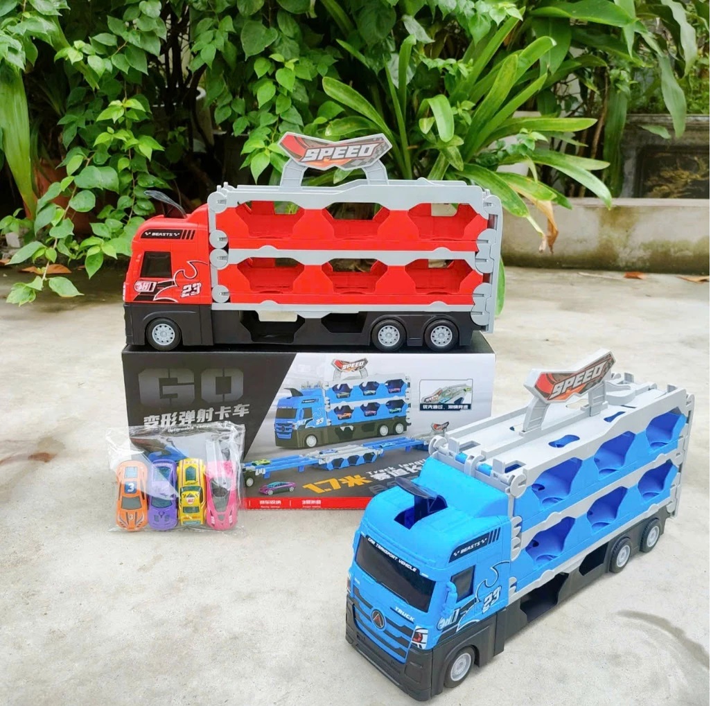 Ô tô đồ chơi BK TOTECH hình xe tải 3 tầng kèm 4 xe đua nhỏ mô hình đường đua xe dài 1,65m có thể gấp gọn cho bé