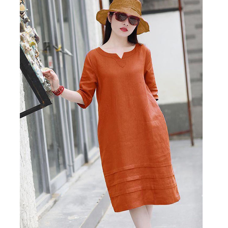 Đầm suông linen cổ phát V ArcticHunter, chất vải linen mềm mát, thích hợp mùa hè, thời trang thương hiệu chính hãng – Cam đất – M