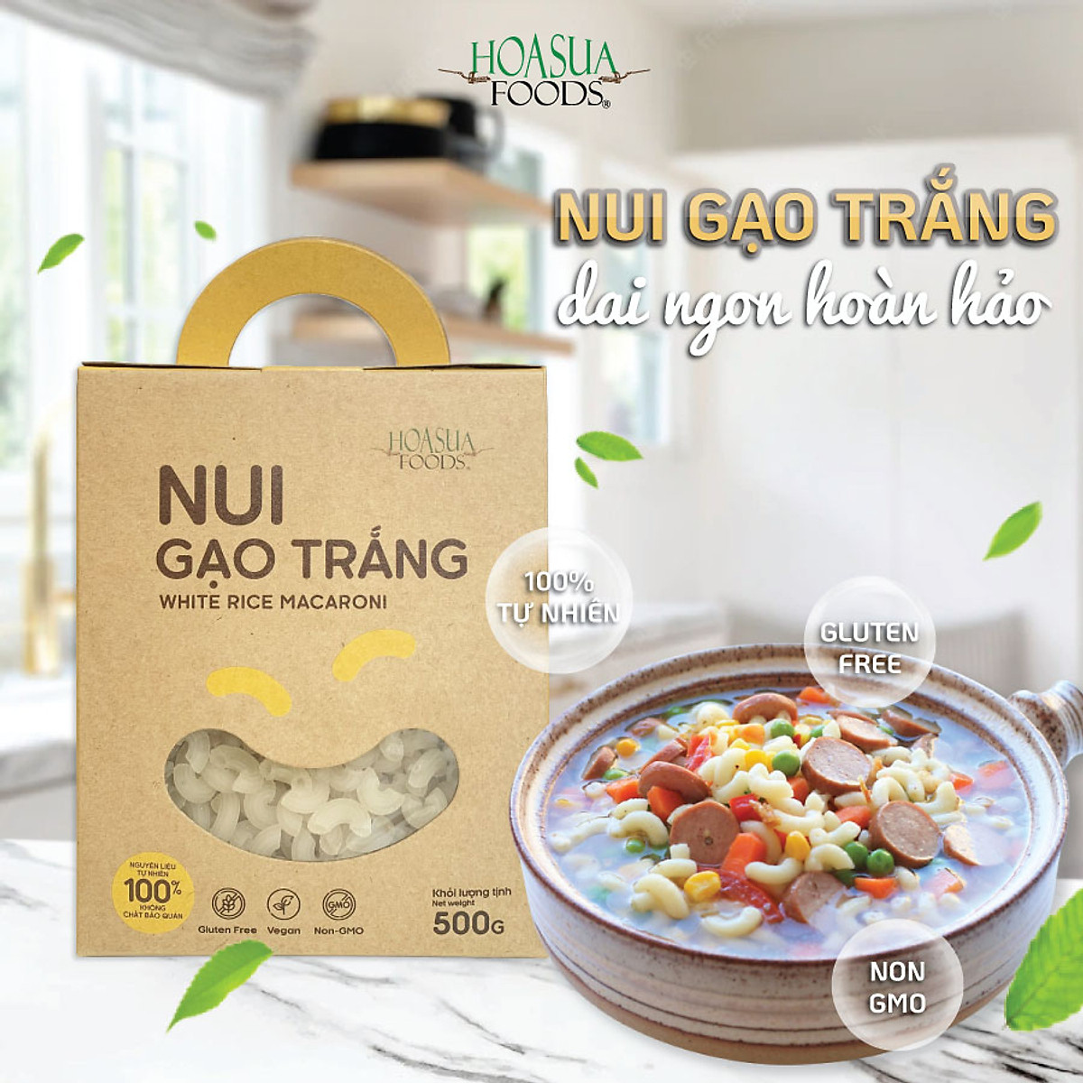 Nui gạo trắng Hoa Sữa  Foods hộp 500g - hoàn toàn từ gạo sạch, an toàn, phù hợp ăn chay, ăn thực dưỡng, healthy