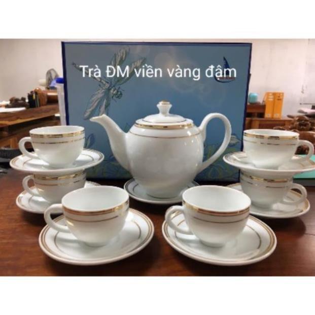 Bộ trà sứ viền vàng đậm, Bộ ấm chén sứ viền vàng 24K