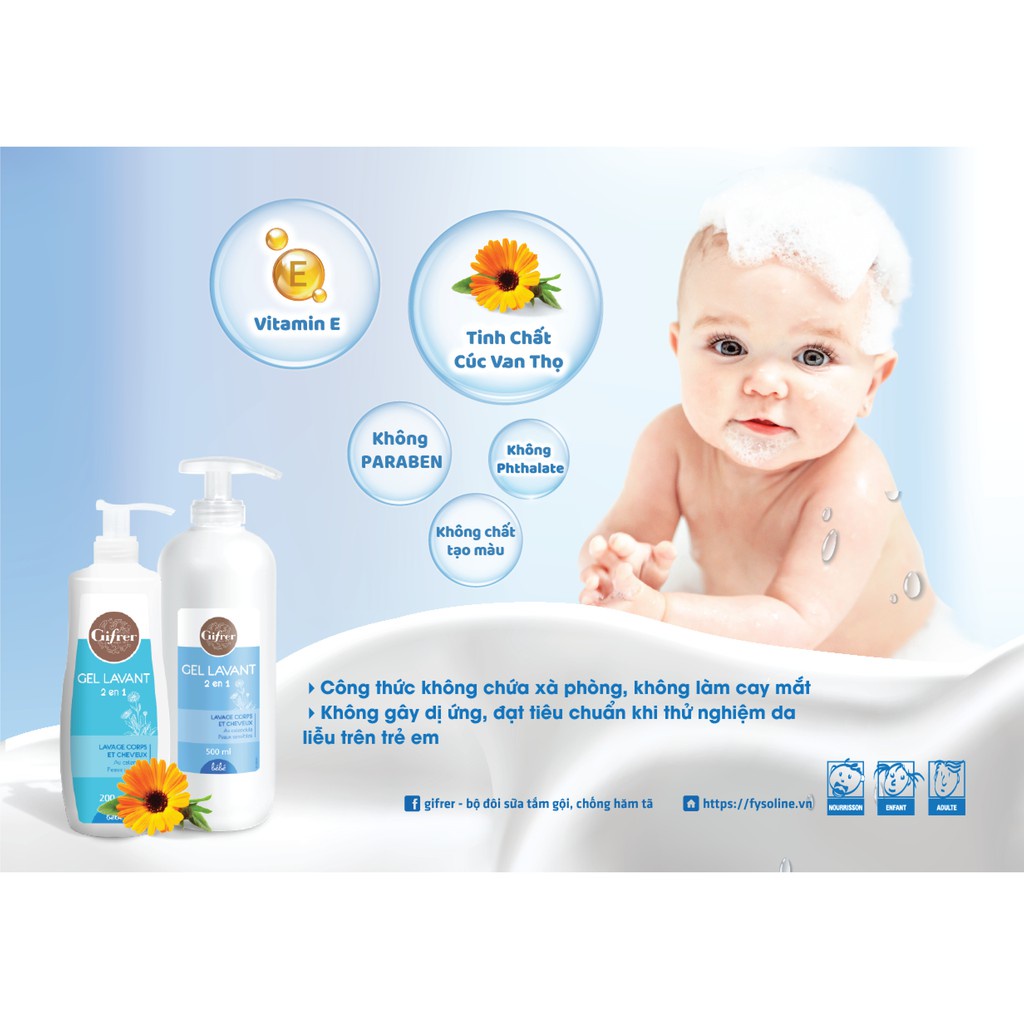 Bộ đôi Sữa tắm gội cho bé Gel LavanI GIFRER 500ml 2 trong 1 + Kem thay tã Gifrer 100ml nhập khẩu Pháp
