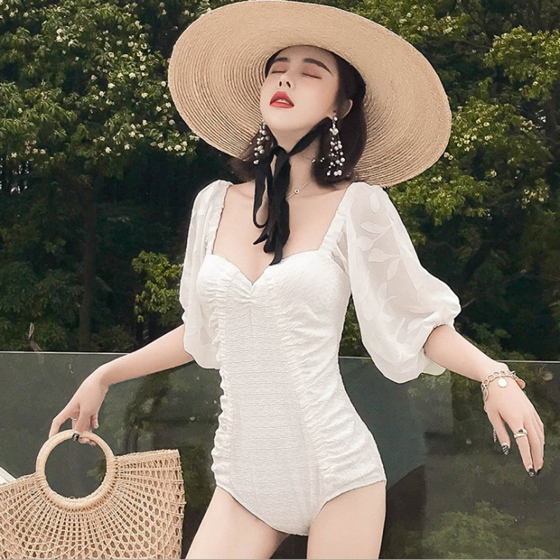Đồ bơi nữ kín đáo che bụng trắng tinh khôi tay bồng sexy Hàn Quốc