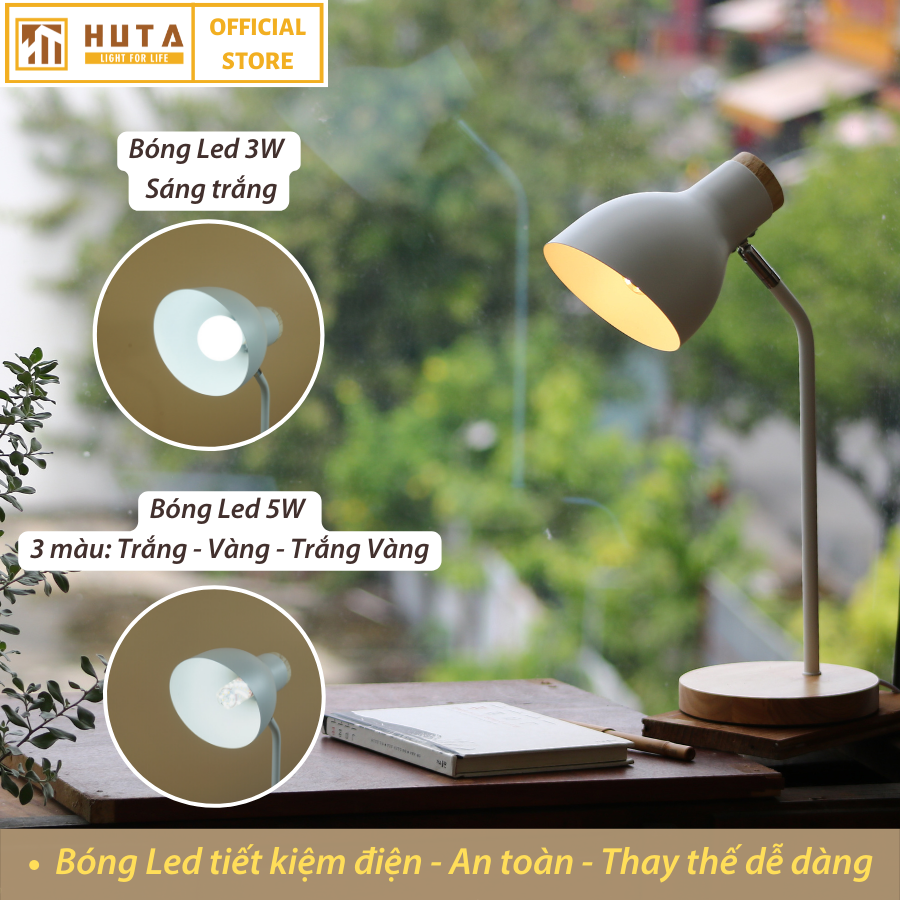 Đèn Học Để Bàn Đế Gỗ HUTA LVG1 Chống Cận, Vintage, Decor Trang Trí Bàn Học Bàn Làm Việc, Bóng Đèn Led Đổi Màu Tiết Kiệm Điện