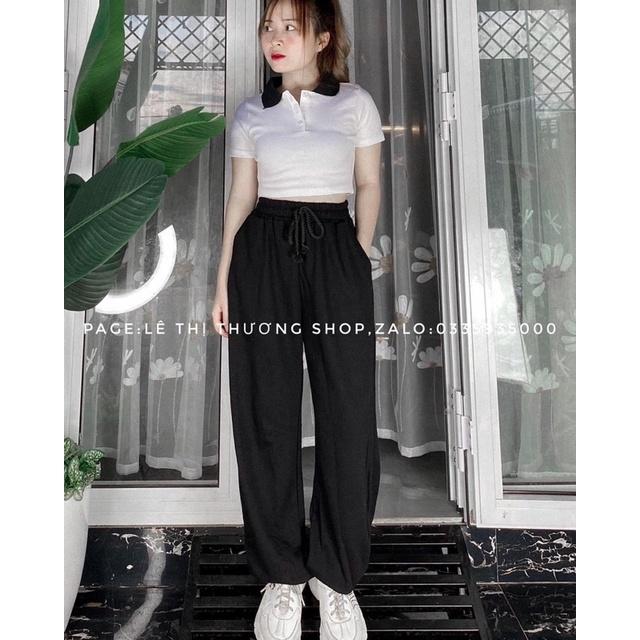 Set Bộ Áo Croptop Cổ Đức + Quần Bom Ống Rộng Nữ  Bộ Đồ Quần Ống Suông Đen Bo Gấu Kèm Áo Phông PoLo HOT HIT