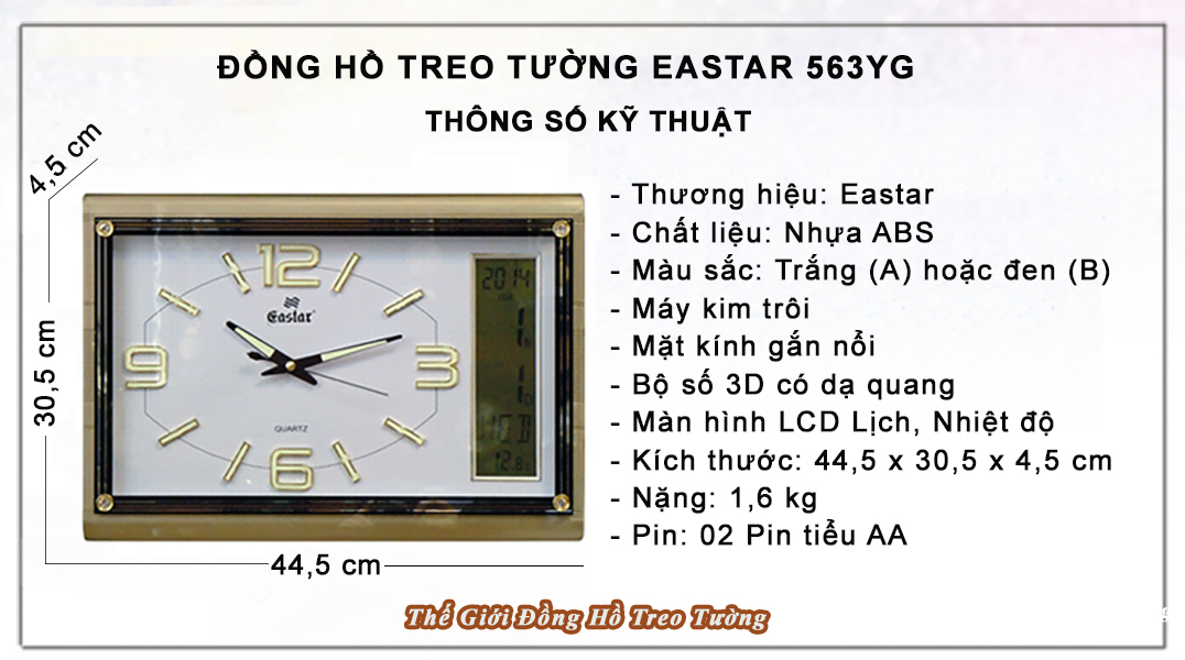 Đồng hồ Eastar Chữ nhật Dạ Quang (*), Kim Trôi &amp; Màn hình Điện tử Lịch, Nhiệt Độ