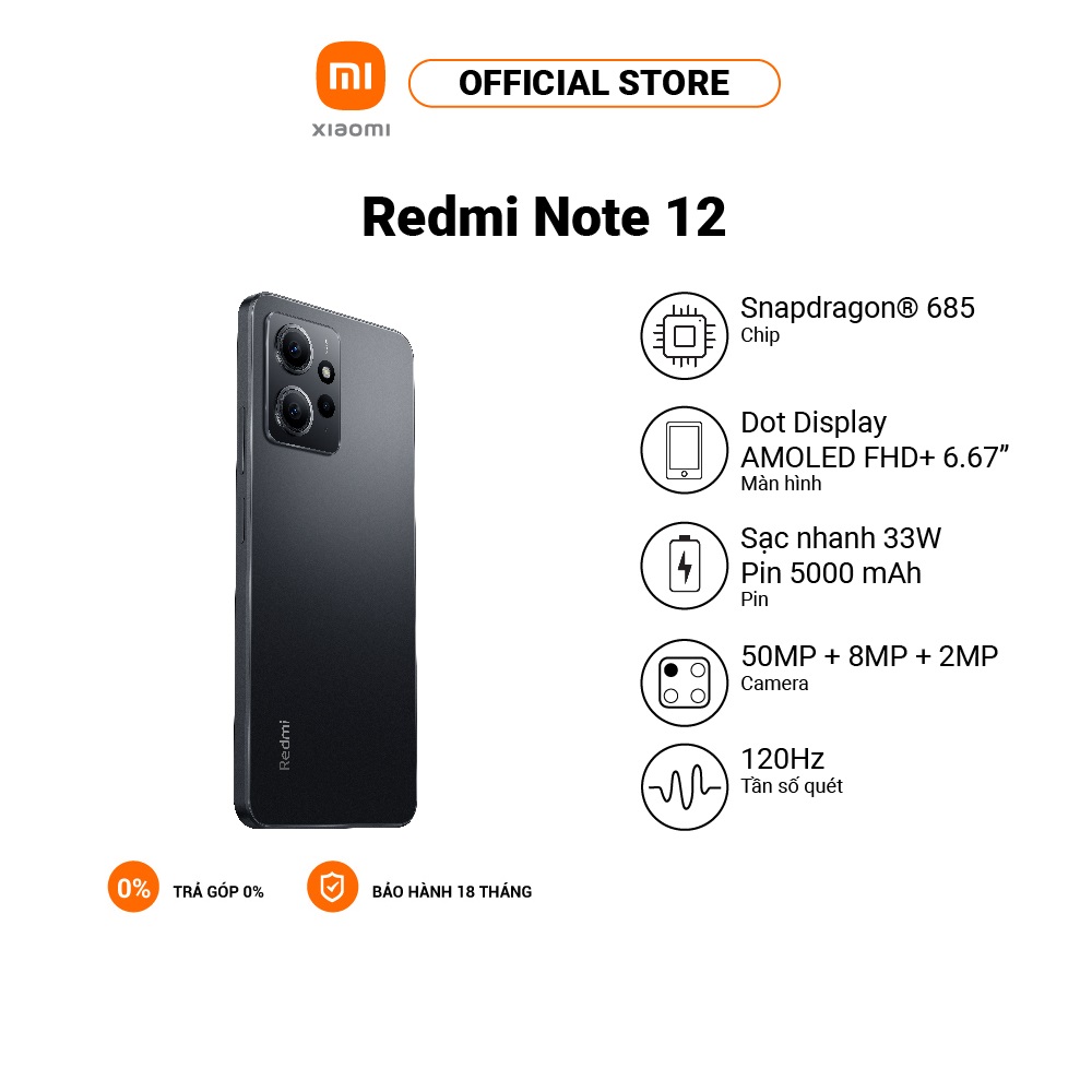 Điện thoại Redmi Note 12 AMOLED 6.67" FHD+| Snapdragon 685| 5000mAh - Hàng chính hãng