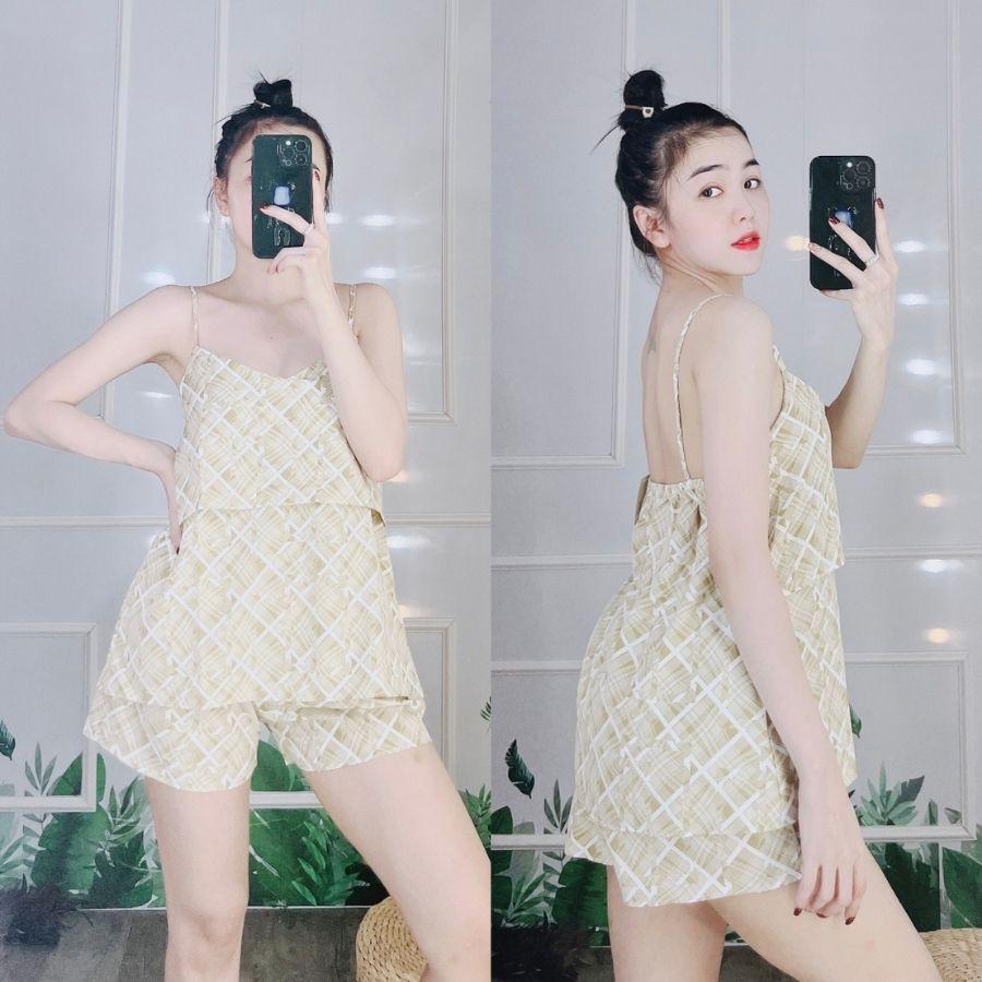 Đồ bộ pijama nữ 2 dây tay bèo pyjama lụa 100D bộ ngủ mặc nhà sexy quần đùi cute dễ thương cao cấp ESHOP PM04