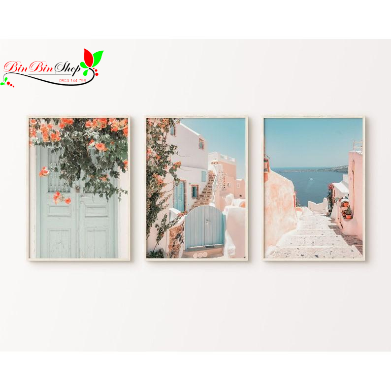 (HCM) Bộ 3 tranh treo tường santorini, tranh canvas tone xanh biển có đinh tặng kèm