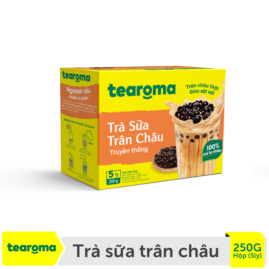 Combo 3 Trà sữa trân châu Tearoma truyền thống (Hộp 5 ly/ 250g, 5 gói trà sữa x 22g, 5 gói trân châu x 28 g)