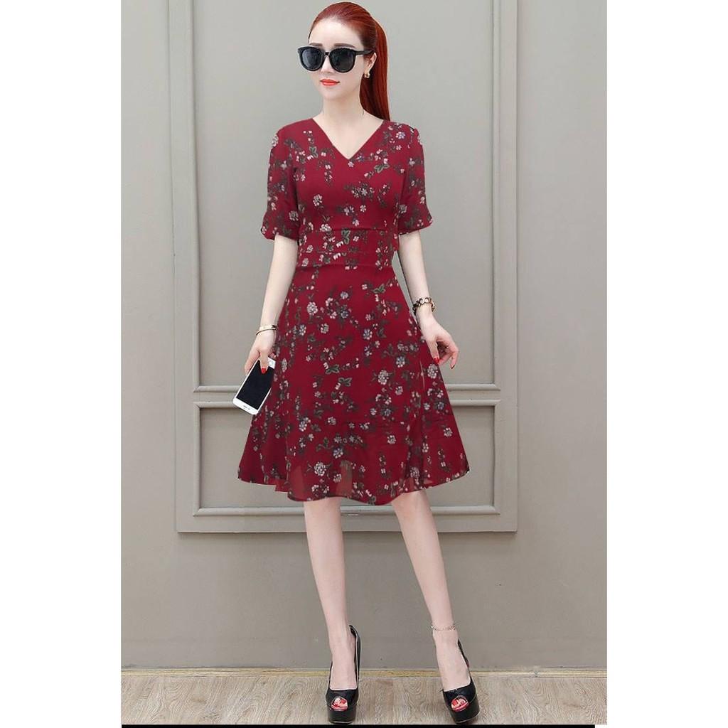 Đầm Váy Nữ Sang Trọng Cổ Chữ V - Hoa Nhỏ