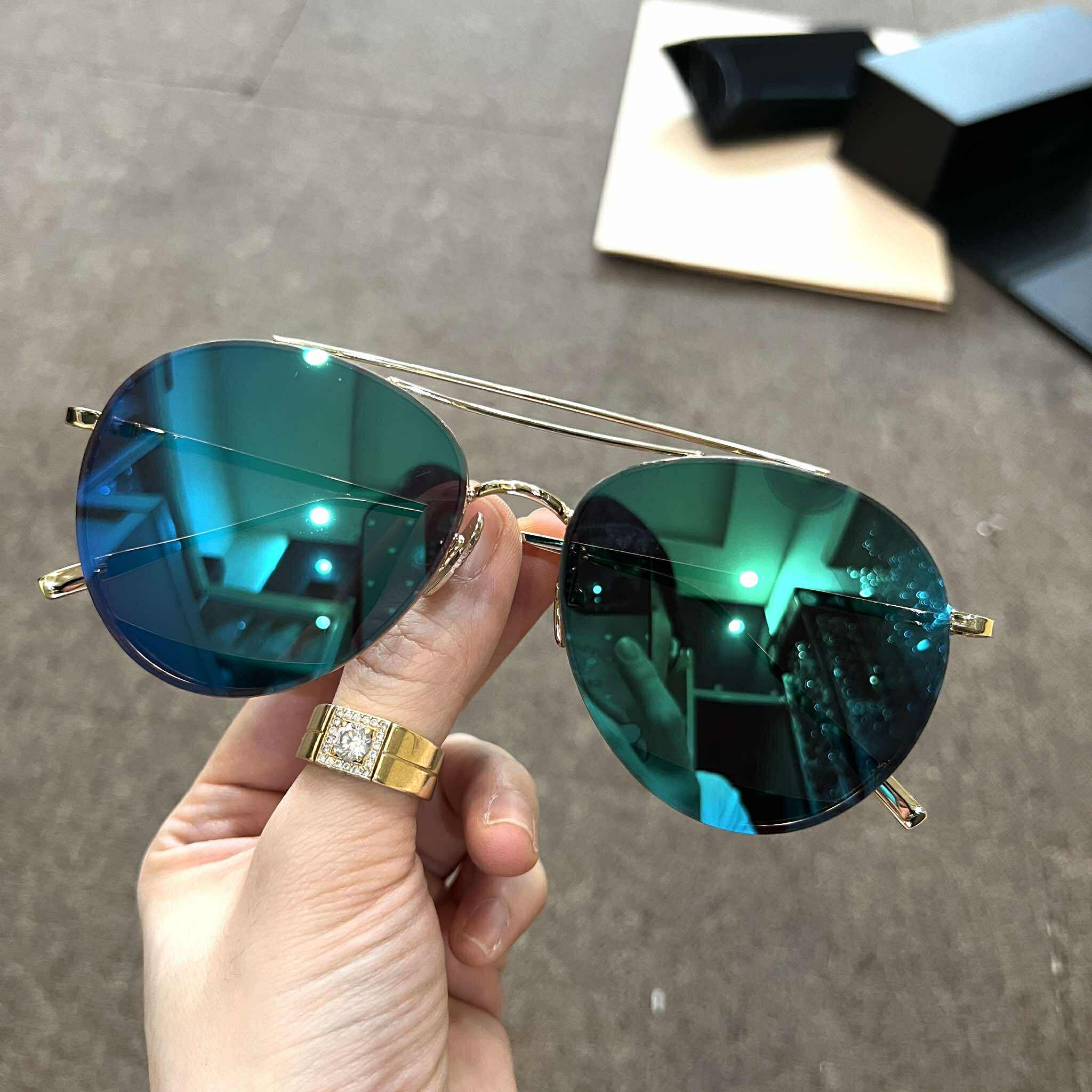 Kính râm Mắt tròn nhỏ sành điệu màu xanh gương cho nam nữ