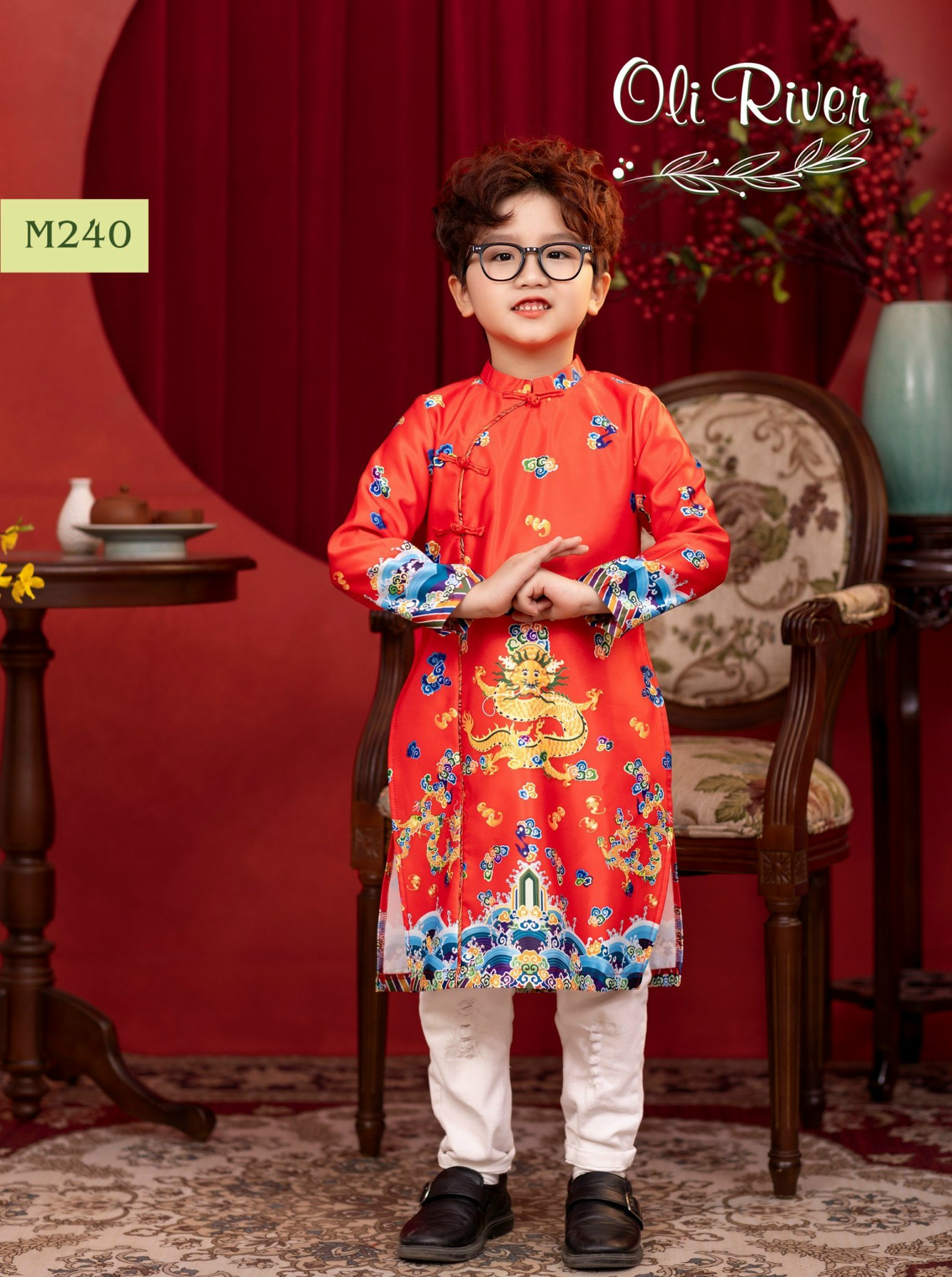 Áo dài cách tân bé trai, Áo tết cho bé 1-11 tuổi rồng vờn mây hàng thiết kế chất liệu tafta mềm mại kiểu dáng thời trang