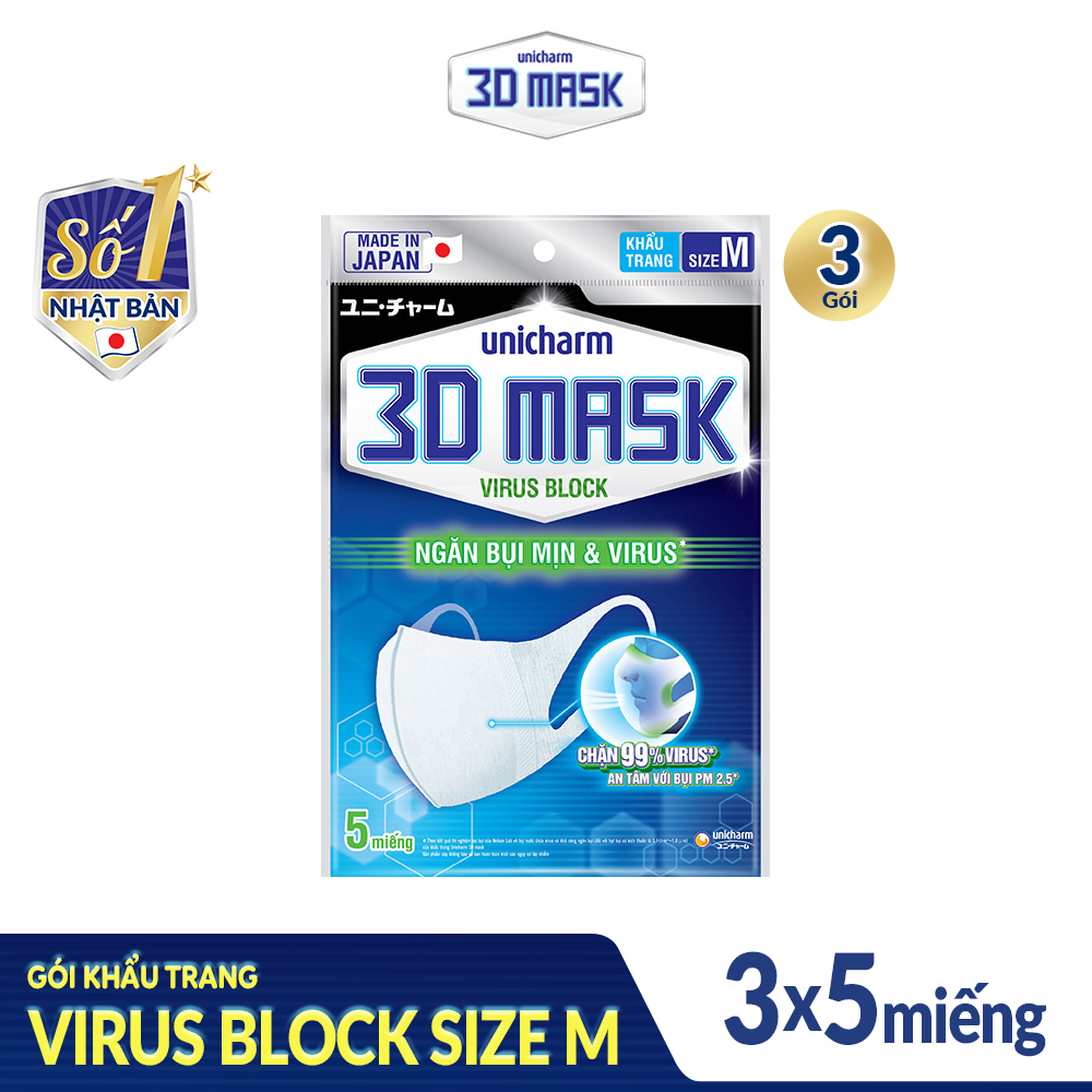 Bộ 3 Khẩu trang ngăn vi khuẩn Unicharm 3D Mask Virus Block (Ngăn được bụi mịn PM2.5) size M gói 5 miếng