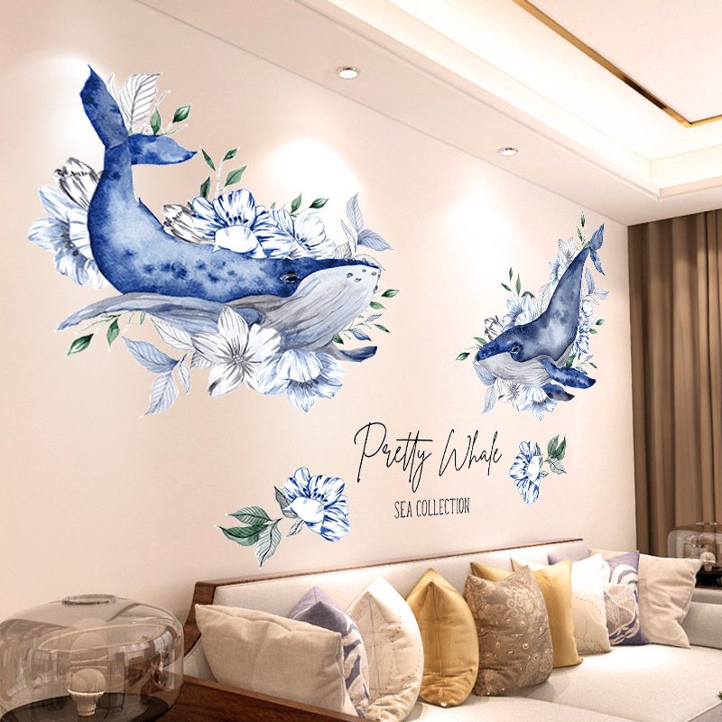 Decal dán tường cá voi xanh – thế giới đại dương phong phú