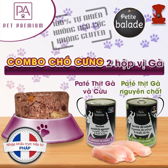 (Combo 2 hộp vị Gà) Pate cho chó Petite Balade 400g/hộp (Pate Gà nguyên chất, Pate Gà &amp; Cừu) nhập khẩu từ Pháp