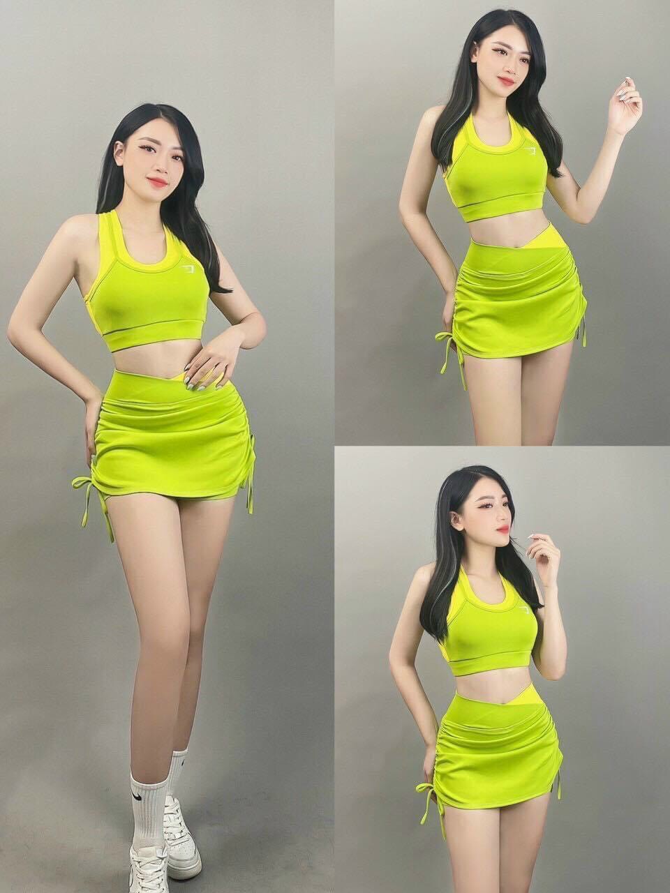 Bộ tập thể thao nữ, tập yoga, gym, erobic phối màu chân váy dây rút - Hot 2023