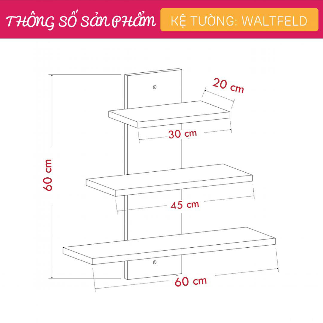 Kệ gỗ treo tường trang trí hiện đại SMLIFE Waltfeld  | Gỗ MDF dày 17mm chống ẩm | D60xR20xC60cm