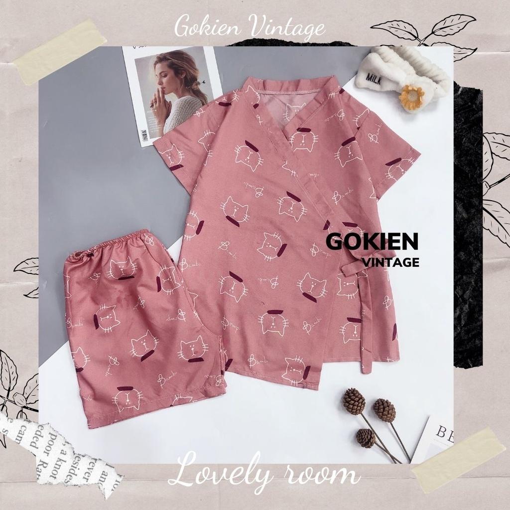Bộ đồ ngủ Yukata hoạ tiết cute chất lụa thoáng mát, GOKIEN VINTAGE