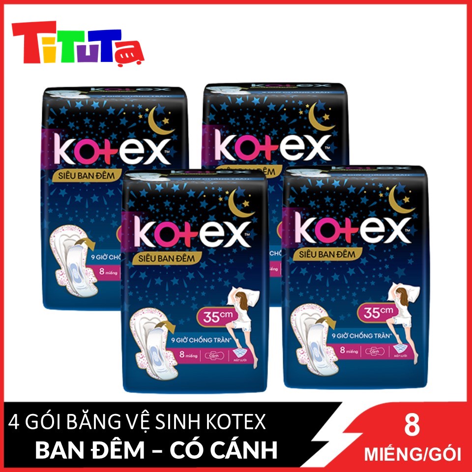 Combo 4 Băng Vệ Sinh Có Cánh 35cm Kotex Siêu Ban Đêm 9 Giờ Chống Tràn 8 miếng