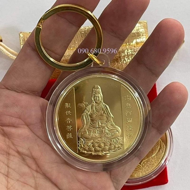 Đồng Xu Quan Âm Bồ Tát Phong Thuỷ May Mắn Tặng Kèm Túi Gấm