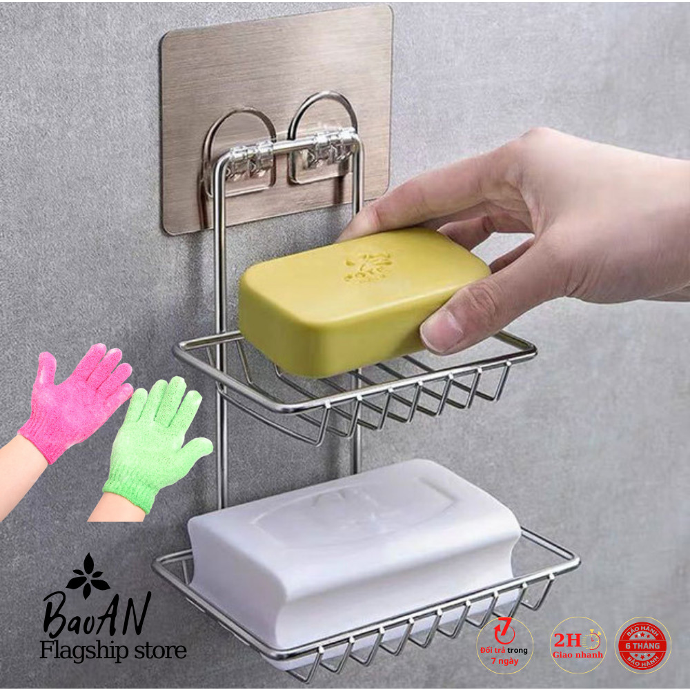 Kệ Để Đồ Nhà Tắm 2 Tầng Dán Tường Không Cần Khoan Tường Kèm Găng Tay Tắm BaoAn - Hàng Chính Hãng-Kệ,Gía Đỡ