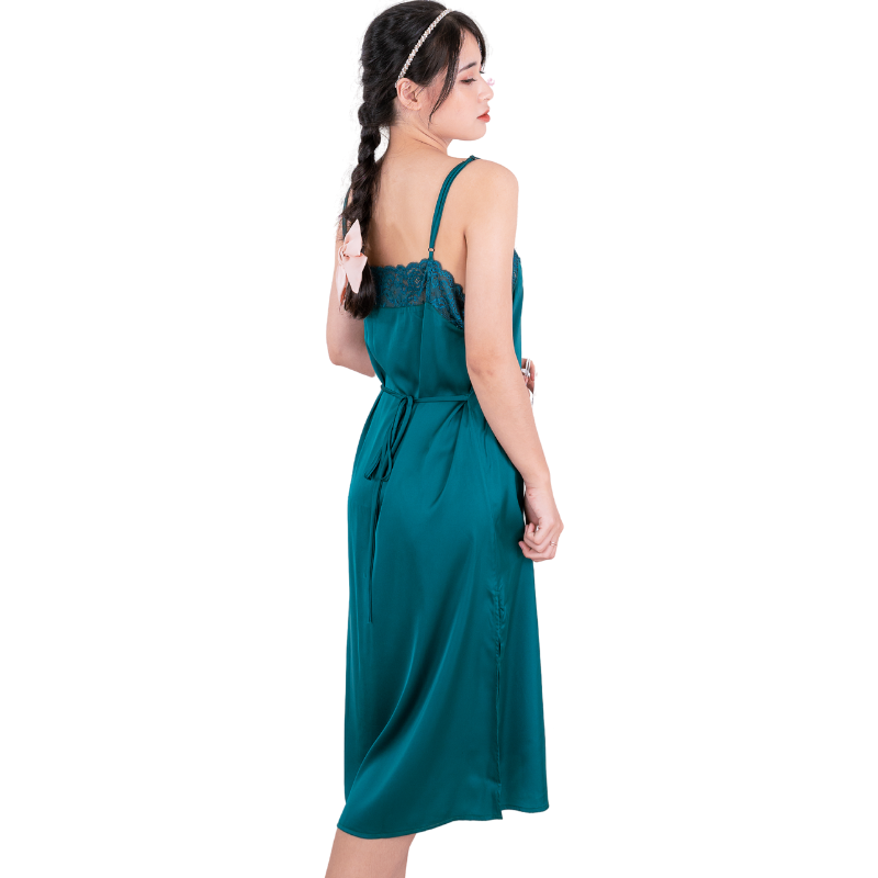 Đầm ngủ, Váy ngủ lụa Pháp cao cấp VILADY - V150, phối ren ngực và lưng, xẻ đùi 2 bên