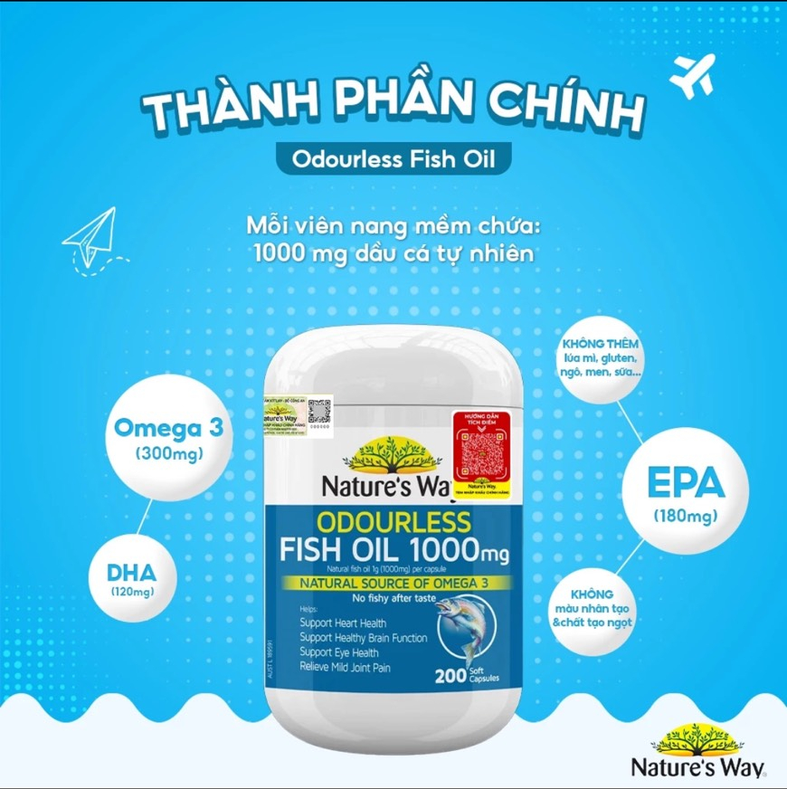 Viên uống dầu cá Omega 3 Nature’s Way Odourless Fish Oil 1000mg 200 viên hỗ trợ tim mạch, bổ não, tăng cường thị lực