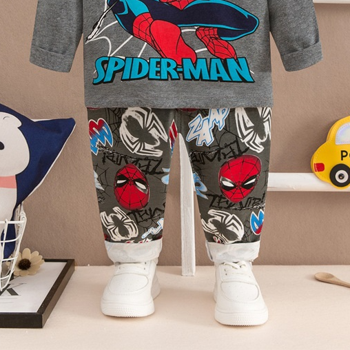 Bộ đồ dài tay cho bé trai vải cotton xuất Hàn in hình nhện màu xám bé từ 2-12 tuổi