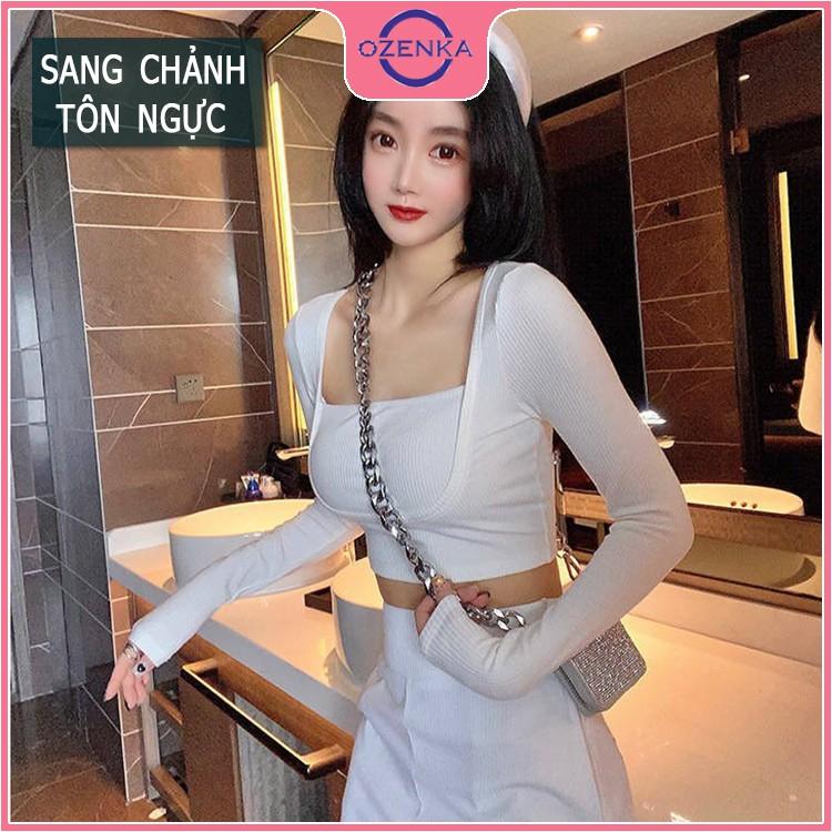 Áo croptop dài tay nữ len tăm tôn ngực dáng ôm sang chảnh màu đen trắng size dưới 52 cân