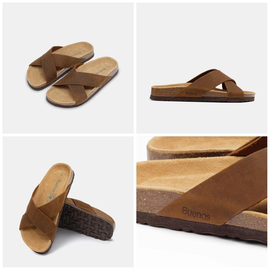 Dép đế trấu nam nữ da bò unisex birken quai chéo Buenas - BB03