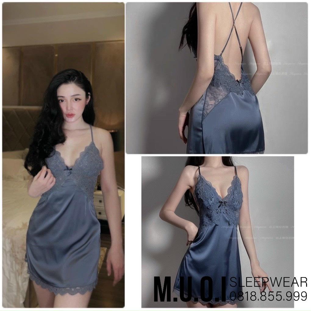 Váy ngủ sexy QUẢNG CHÂU-SX 43-Váy ngủ lua phối ren ngực nơ đan dây sexy QUẢNG CHÂU - hàng có sẵn(video+ ảnh