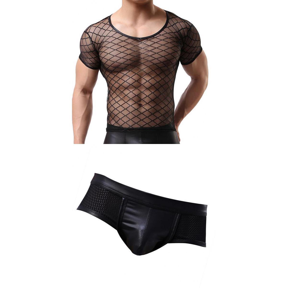 Men's Mesh Brief Sheer O-neck Short Sleeve Mesh T-Shirt Tops Set
