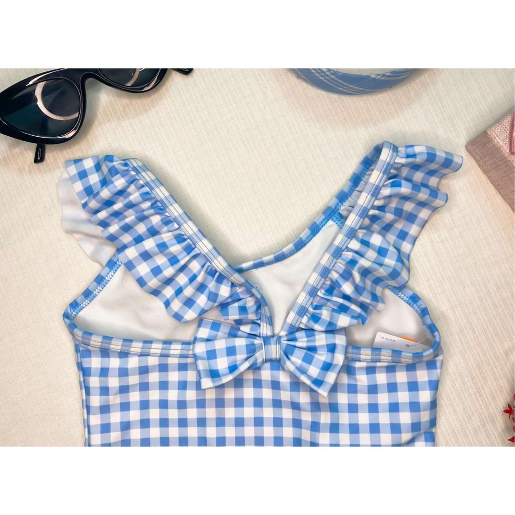 6M-5T Bikini đồ bơi đi biển 1 mảnh kẻ caro xanh trắng bé gái hở lưng dây bèo cổ yếm tròn nơ tại lưng sau chống nắng