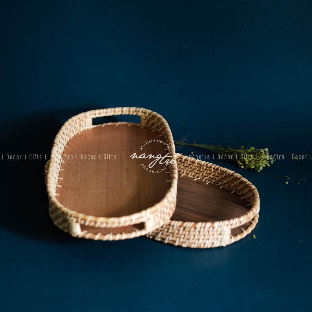 Khay mây oval - Khay oval đế gỗ óc chó - Oval rattan tray