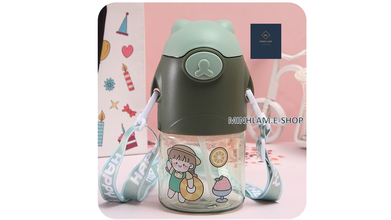 Bình Nước Gấu Ngộ Nghĩnh cho bé_Có Quai Đeo_650ML_Kèm Sticker dán