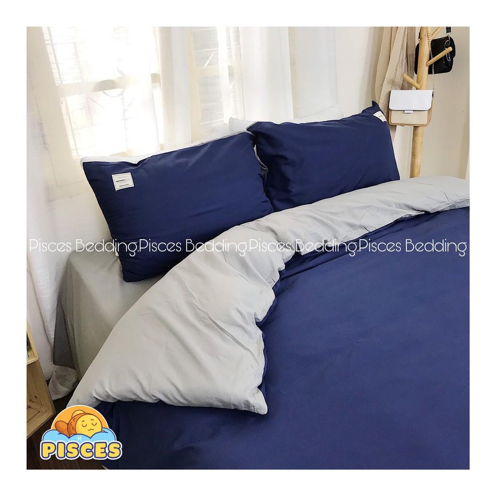 Bộ Chăn Ga Gối Cotton Đũi Xanh Than Phối Ghi