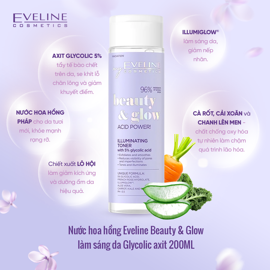 Nước hoa hồng Eveline Beauty & Glow làm sáng da Glycolic axit 200ML
