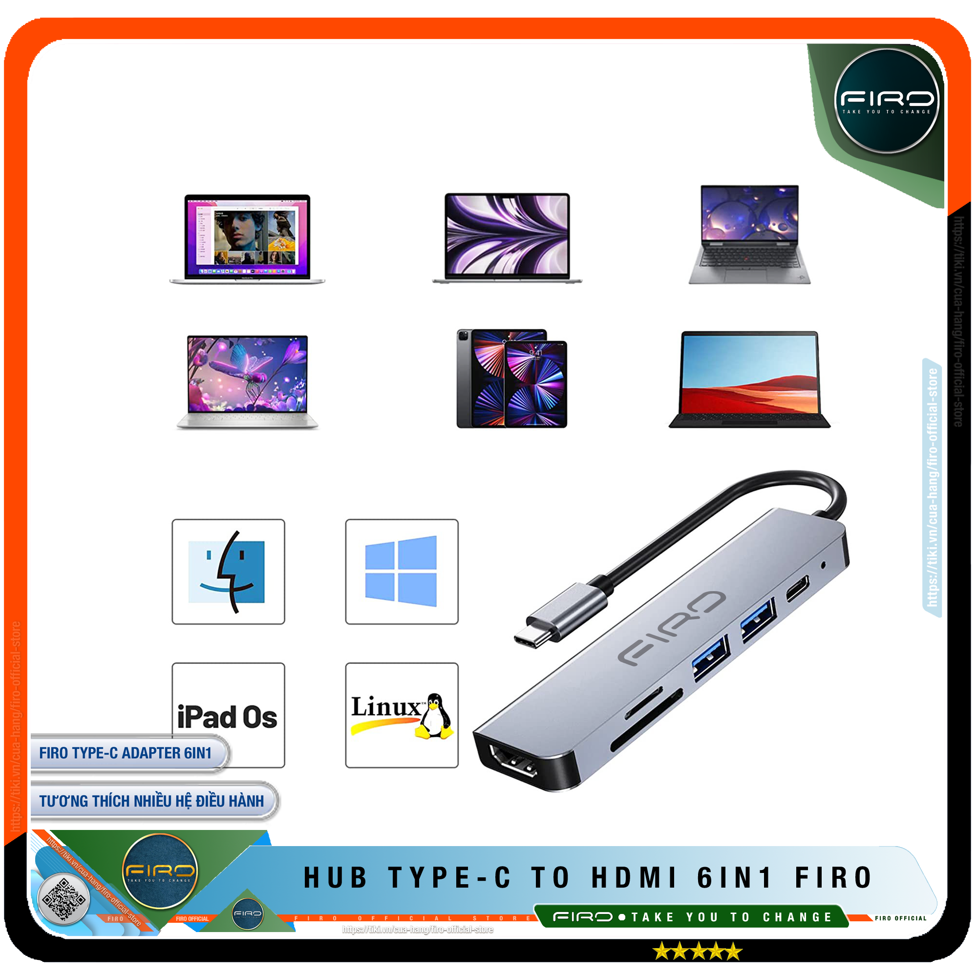 Hub Type C FIRO 6in1 - Hub Chuyển Đổi Type C To HDMI Chuẩn HDTV - 1 Cổng HDMI/HDTV 4K, 2 Cổng USB 3.0, 2 Khe Đọc Thẻ TF Và SD, 1 Cổng Sạc Nhanh Type C PD - Kết Nối Tốc Độ Cao - Dùng Cho Tivi/Laptop/Playstation/PC/Smartphone – Hàng Chính Hãng