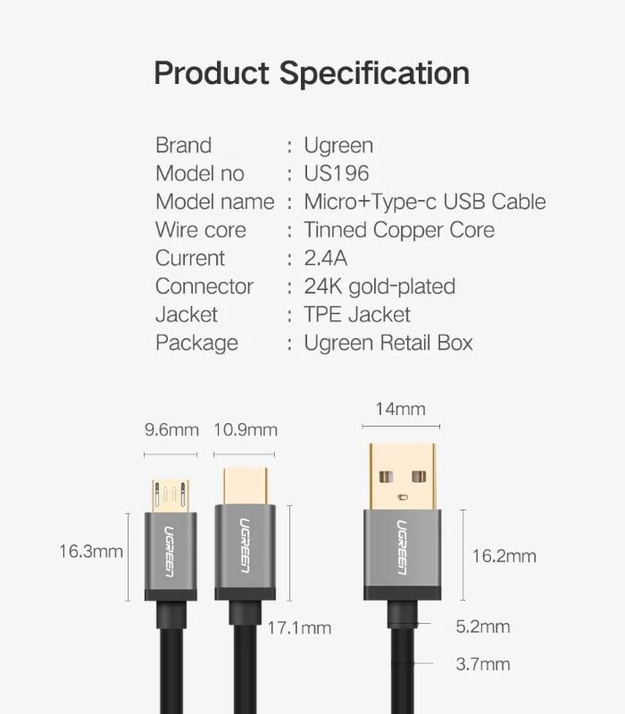 Ugreen UG30571US196TK 0.5m màu xanh Cáp USB-A 2.0 sang Micro USB + USB-C - HÀNG CHÍNH HÃNG