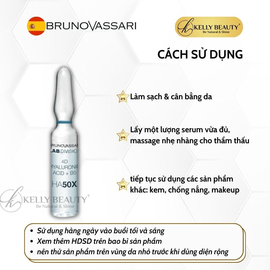 Huyết Thanh Cấp Ẩm, Phục Hồi Da Bruno Vassari HA50X 4D Hyaluronic Acid + B5 | Kelly Beauty